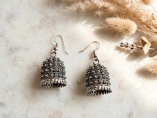 Silver Tone Jhumka Dangle Drop Hook Earrings, Metal, No Stone