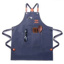 Cross Back Cotton Canvas Chef Apron with Pockets for BBQ Grilling Baking Cooking