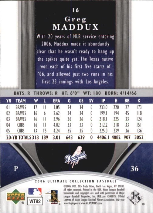 2006 Ultimate Collection #16 Greg Maddux /799 - BB - Image 2 of 2