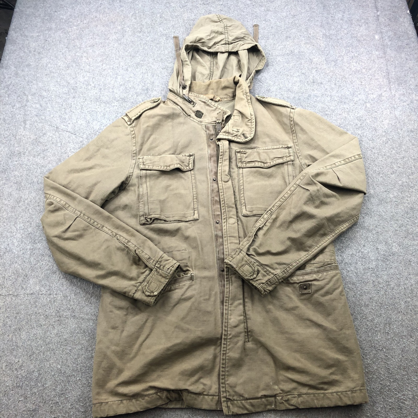 Fossil Jacket Mens Medium Tan Hooded Military Utility Parka Coat Four Pocket Zip