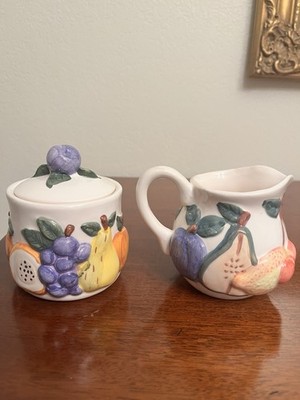 Vintage Rayware 3D Glazed Ceramic Creamer & Sugar Bowl Lidded Dish