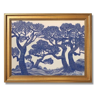 Vintage Oak Tree Prints Linocut Forest Canvas Wall Art Blue Woodland Landscap...