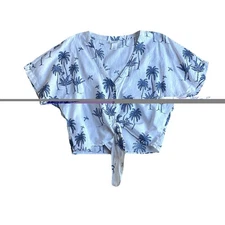 Desmond & Dempsey X H&M Womens Small Linen Cotton Palm Tree Print Tie Waist Top