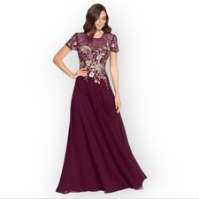 Nwt Betsy And Adam Ivanna Long Gold Embroidered Mesh Cap Sleeve Dress Size 12
