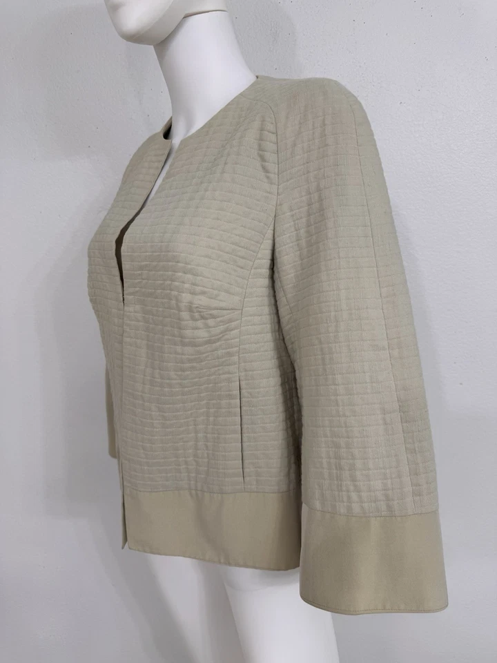 Akris Bergdorf Goodman Linen W Silk Taffeta Accent Blazer Jacket In Oyster 10 M - Image 3 of 4