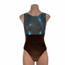 Foxy Fitness Leotard Youth Large CL Brown Velvet Shimmer Aqua Metallic Glitter