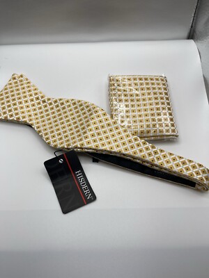 Hisdern Men s Bow tie And Pocket Square Set  - Gold REPP 