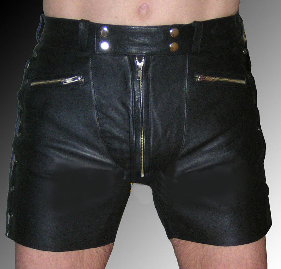 Leather Short Men Pants Shorts Genuine S Waist Side Black Laces
