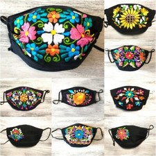 Mexican Embroidered Handmade Floral Multicolor Face Mask Black Face Cover