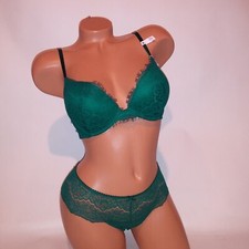 Victoria Secret Bra Set 32D Push Up Small Thong Green Lace Dream Angels New