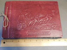 VINTAGE RED LEATHER HARLICH COVERED WAGON PHOTO ALBUM NO 4551 W/ POST CARDS