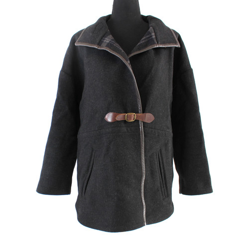 Sandro Charcoal Gray Wool Brown Leather Buckle Jacket 1 Plaid Lined Over Coat