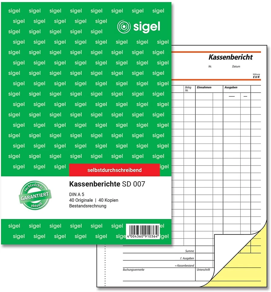 SIGEL SD007 Kassenbericht / Bestandsrechnung A5 2x40 Blatt selbstdurchschreibend