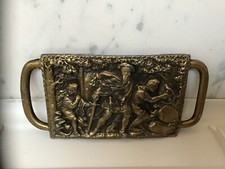 Vintage Metal Belt Buckle w/ European Scene of 3 Men in Wilderness