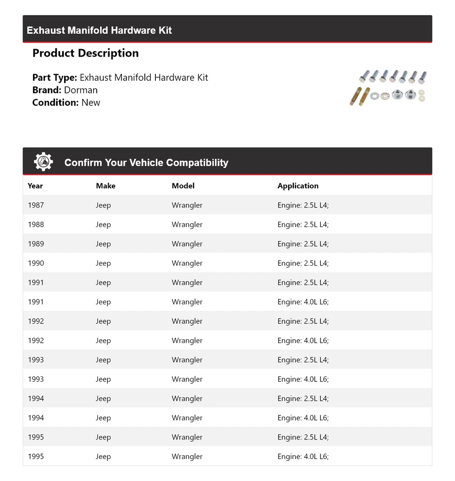 Kit de herrajes colector de escape para Jeep Wrangler Dorman 1987-1995 1988 1989 1990 Foto 2 de 4
