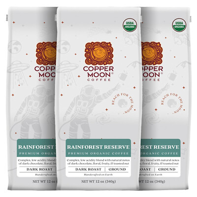 Copper Moon Coffee, Rainforest Reserve Organic, Dark Roast, Ground, 3 x 12 oz
