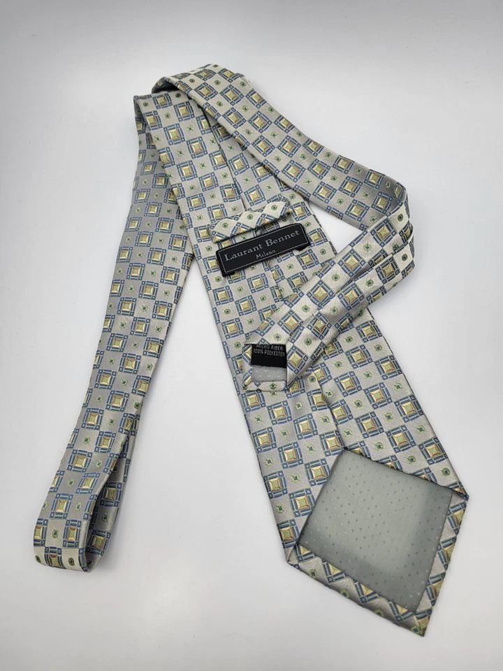 Corbata de poliéster Laurant Bennet gris verde dorado azul geométrica para hombre 57 x 3,75 Foto 4 de 4