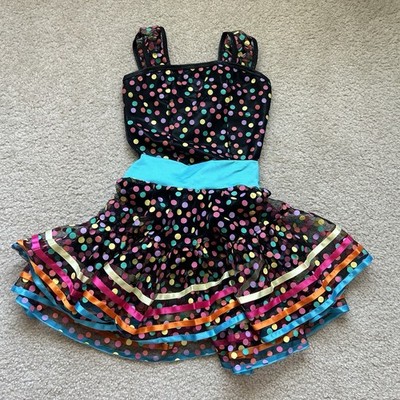 Girls Dance Costume MC Multicoloured & Black 2 Piece Short Romper Tulle Tutu Set