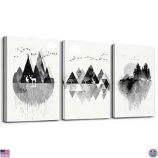 Black & White Abstract Mountain Animal Canvas Art 3-Piece Wall Decor Set