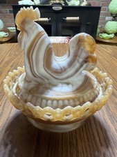 Vintage Imperial Glass Satin Caramel Slag Rooster On Nest Covered Candy Dish