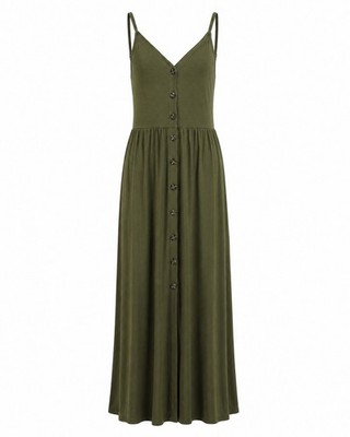 VENUS Maxi Dress XL Olive Green Button Front Spaghetti Strap Sleeveless Resort