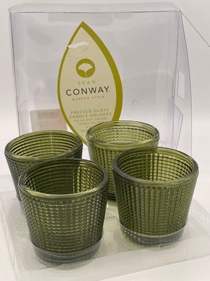 Vintage Sean Conway, Moss Green, Pressed Glass Candle Holder, Set of Four