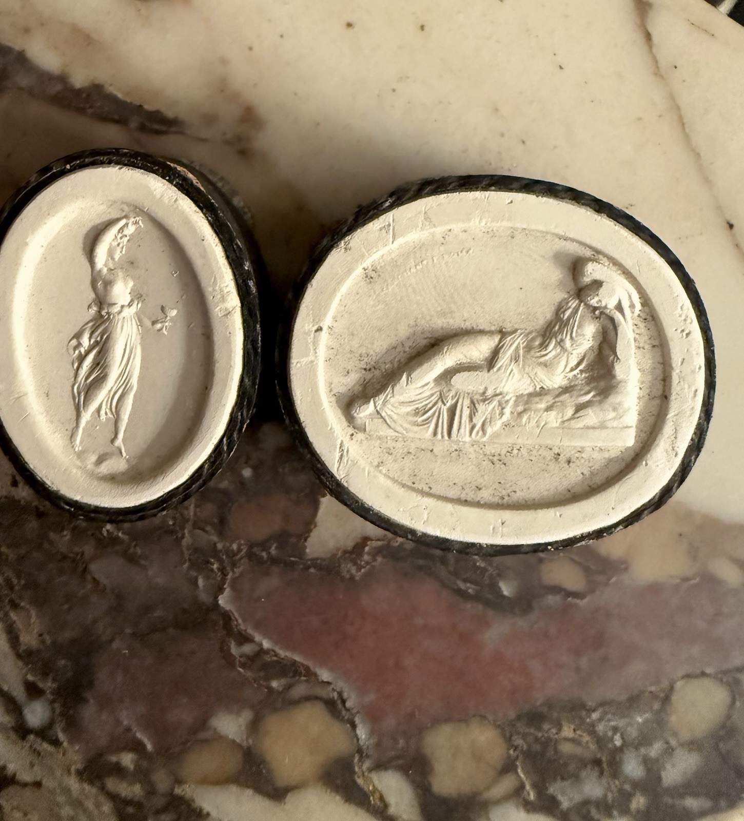 Antique Grand Tour Plaster Intaglios Pair Classical Female Figures
