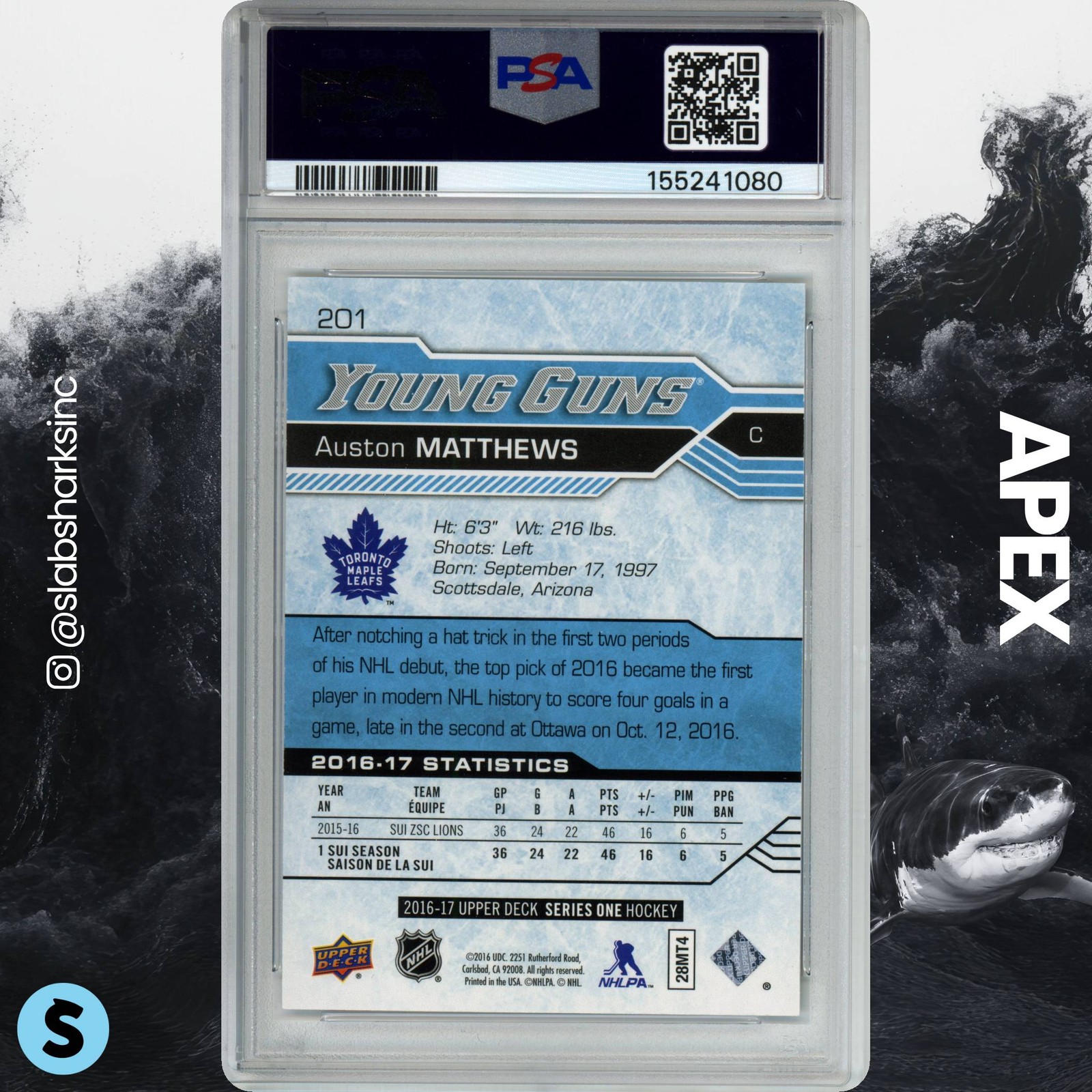 2016 UPPER DECK #201 AUSTON MATTHEWS UD EXCLUSIVES YOUNG GUNS ROOKIE /100 PSA 10 view 2