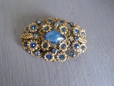 bijoux ancien art nouveau broche métal doré & pierres bleues