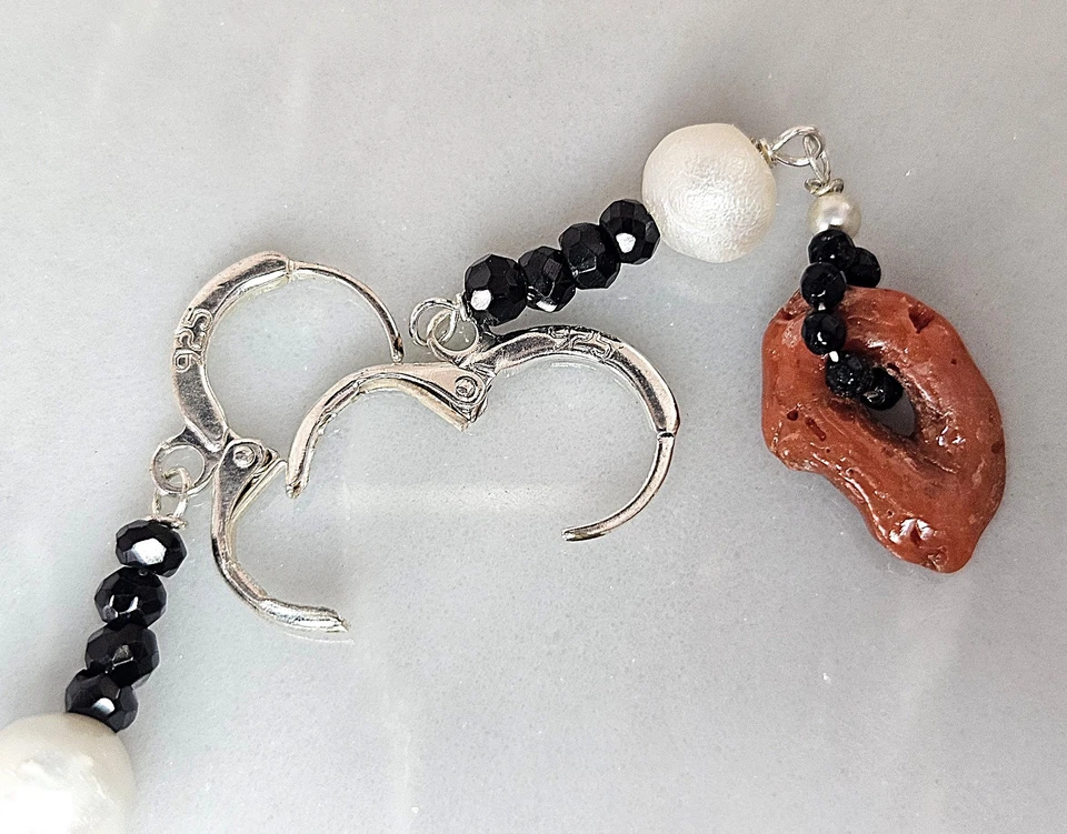 Orecchini: argento 925, perle, spinello nero, corallo - Immagine 3 di 4