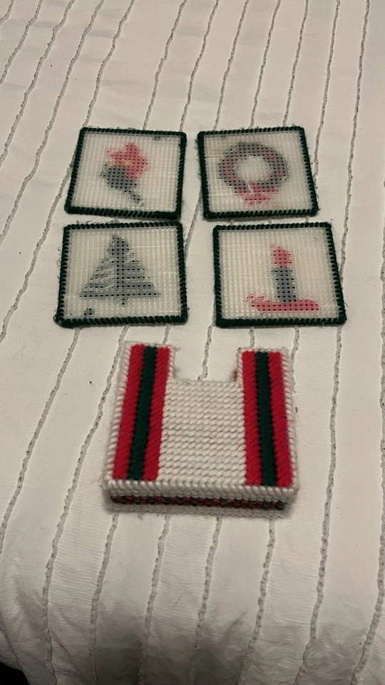 Vintage Christmas Coasters Plastic Canvas Yarn Needlepoint Handmade 4+Box - Image 2 of 2