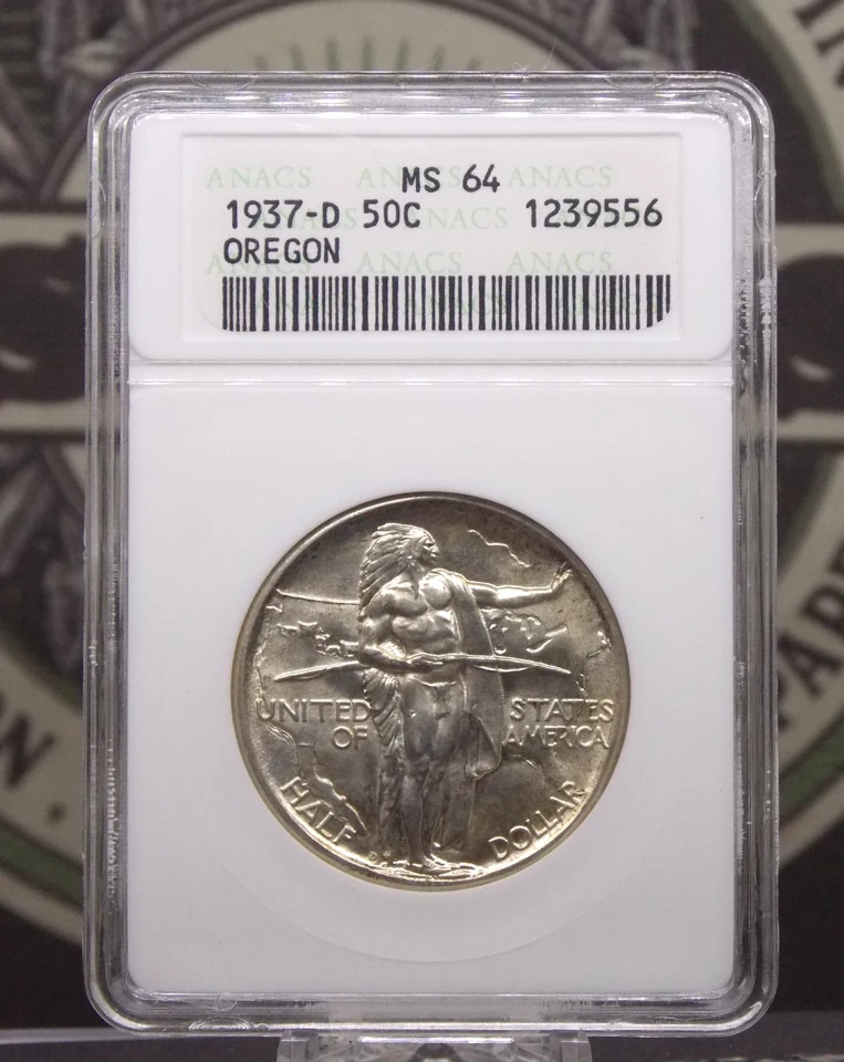 1937 "D" Commemorative *OREGON TRAIL* Half Dollar 50c ANACS MS64 #556 BU ECC&C - Image 3 of 4