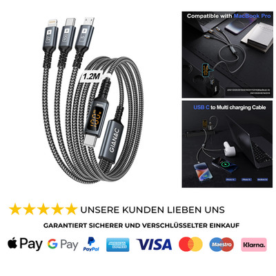 3 in 1 USB C Multi Ladekabel 100W LED Display Schnellladen