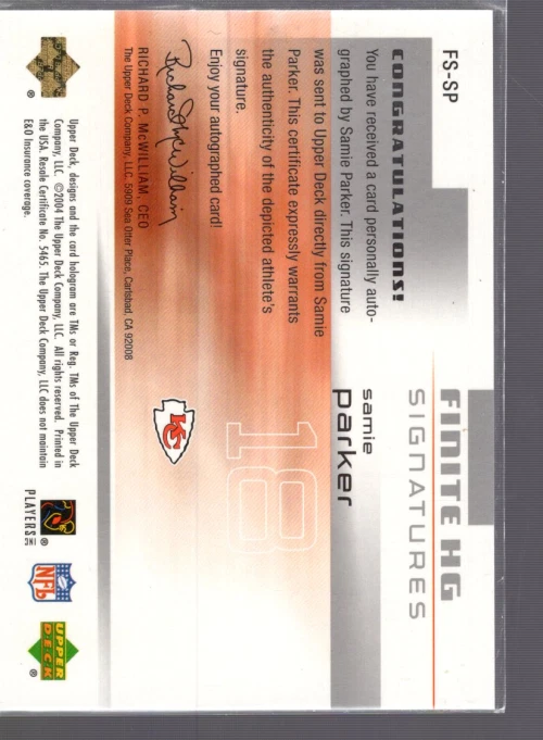 B3539- 2004 Upper Deck Finite HG Signatures #FSSP Samie Parker Auto - NM-MT - Image 2 of 2