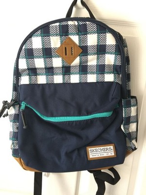 Skechers Large Navy Blue Green Plaid Laptop Backpack School Bag Knapsack