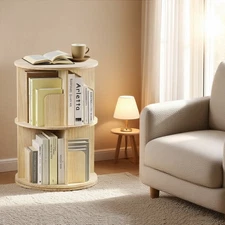 360° Rotating Bookshelf Wood Bookcase Storage Shelf Freestanding Display Rack