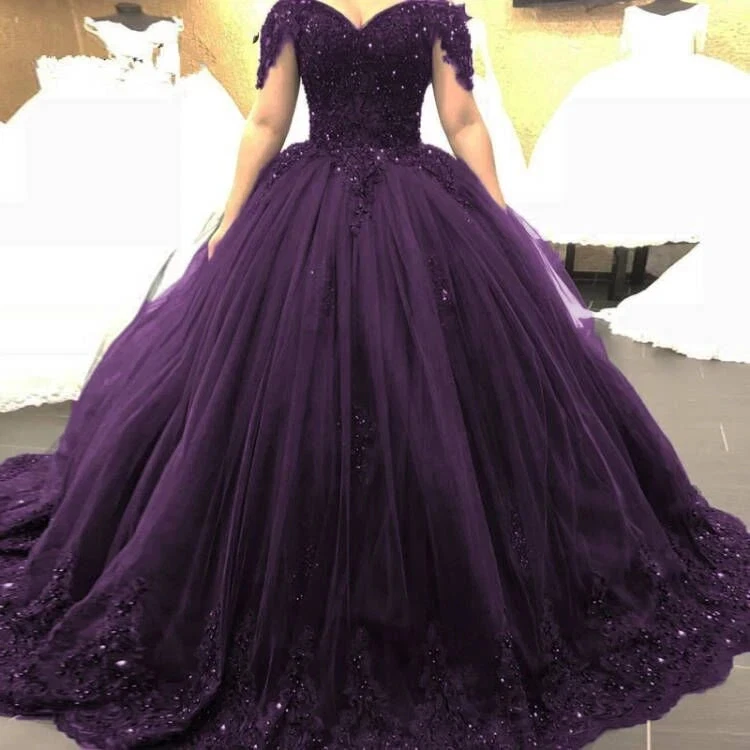 ball gown royal purple purple wedding dress Jessica Black Lace Wedding Dress: Purple Trumpet Gown with Illusion Sleeves