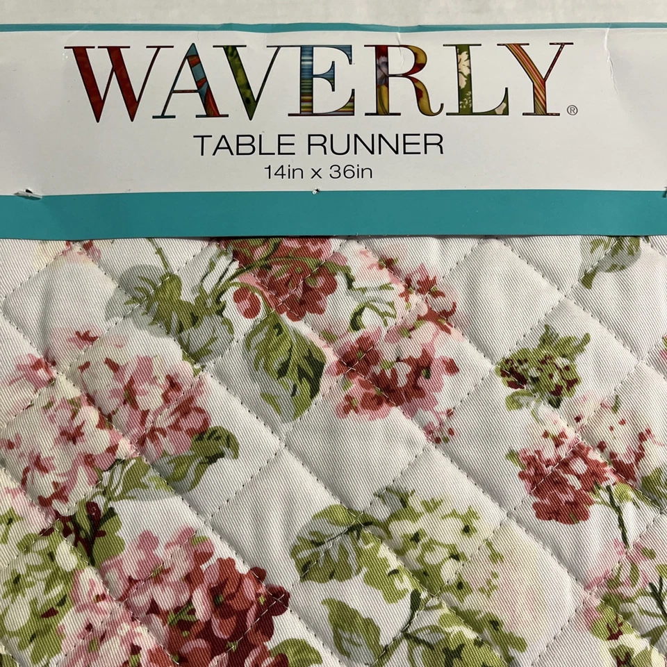 Waverly Quilted Table Runner Towel Set Pink Hydrangea Reversible Striped Country - Image 3 of 4