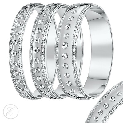 Leichter D-förmiger Ehering 9 kt Weißgold Kreisdesign & Millgrain-Rand