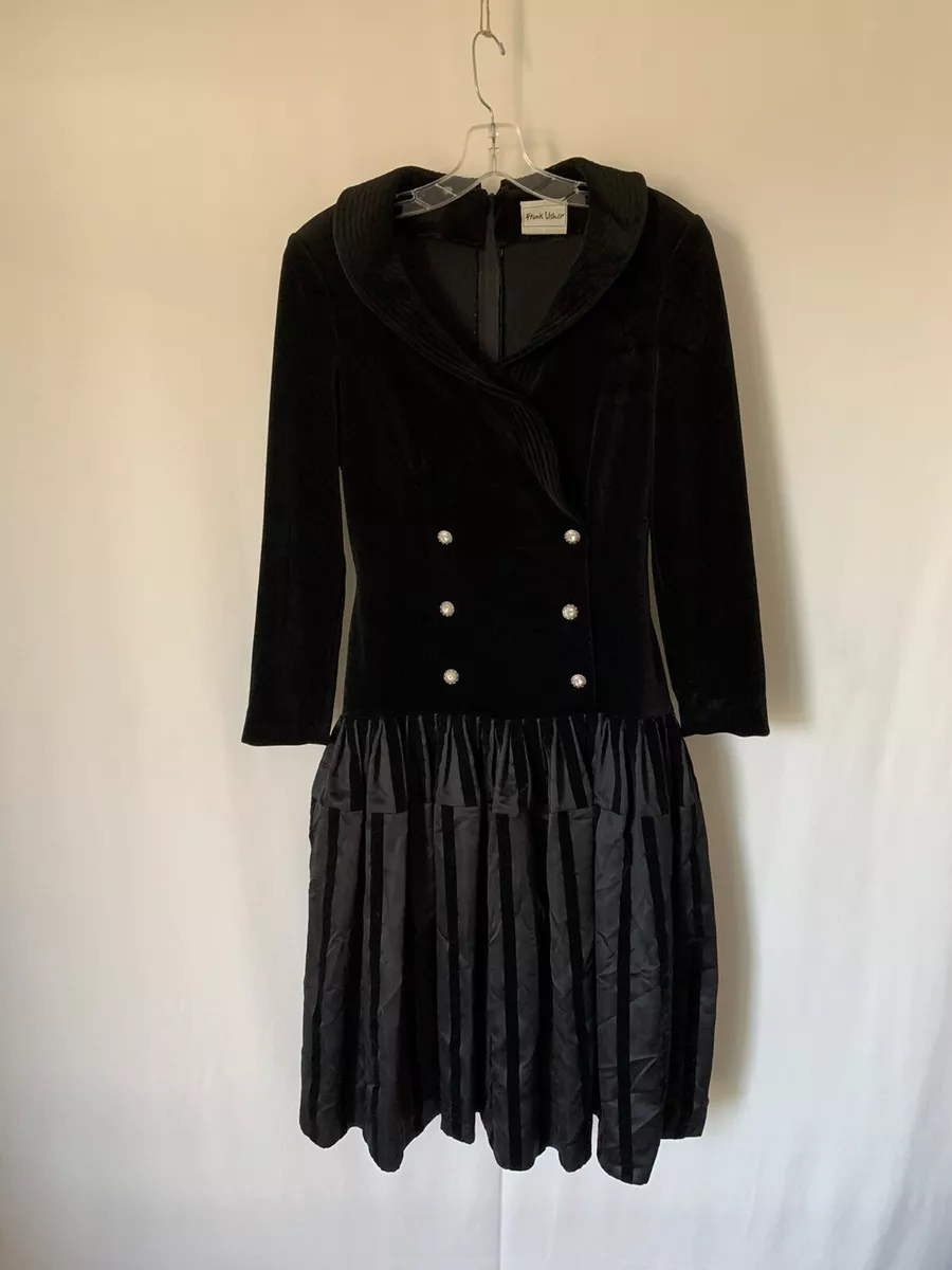 Vintage Frank Usher Dress Medium Black Velvet Accent Buttons Long