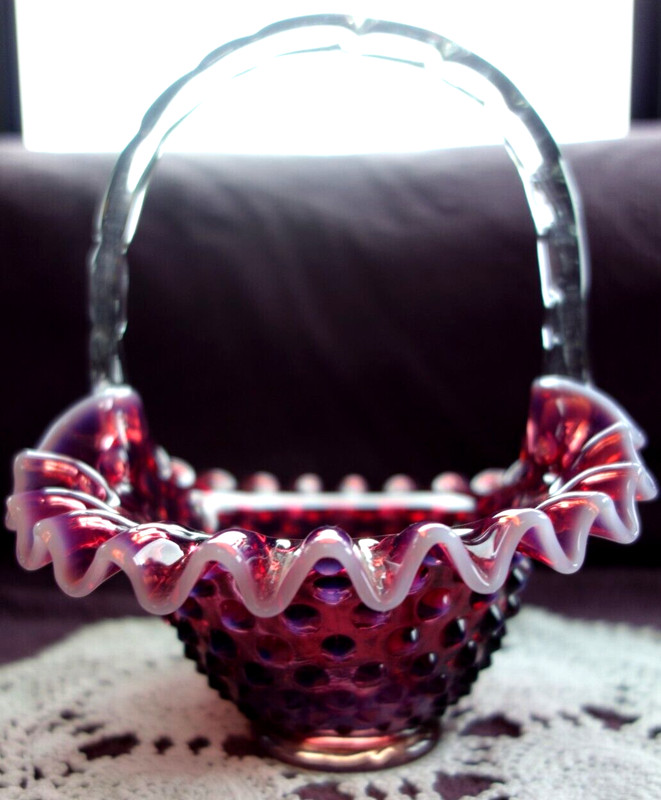 FENTON"50'sMINT&PERF"PLUM"OPALESCENT"8"BASKET"HOBNAIL"VY SRC"VINTAGE"GLASS