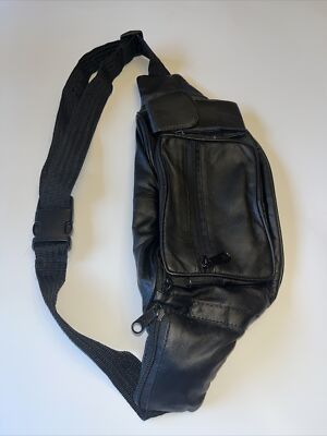 Vintage Black Leather Fanny Pack Waist Hip Bag Phone Holder