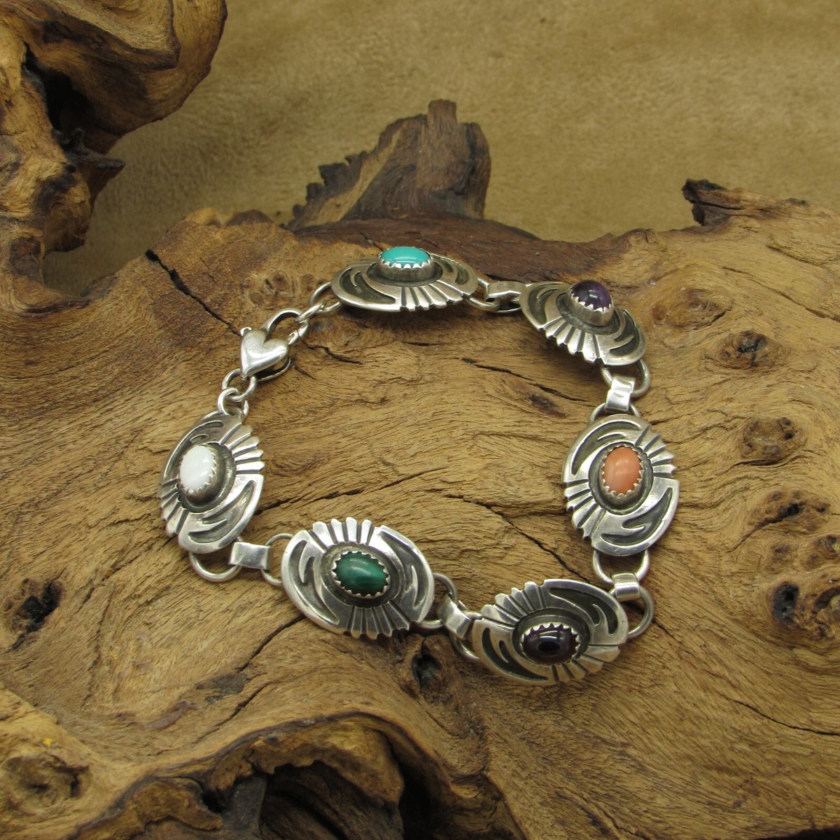 ブレスレット Numbering Square Concho Link Bracelet #8981 5BSA094 Vintage Sterling Silver Multi-Stone Concho Style Link