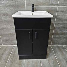 Troya 550mm Vanity Unit in Matt Black with Ceramic Basin and Black Handles