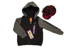 New Timberland Toddler Boys Logo hoody/puffer vest Black Sz 5-6 w/ trapper hat