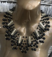 STATEMENT NECKLACE BLACK FACETED BEADS DIAMONTES GOLD TONE MULTI ROW CLEOPATRA