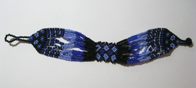 Hand Made Woven Multi Blue Seed Beaded Floral Design Bracelet 8 1/2''