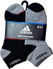 ADIDAS Men's 6-Pairs Low Cut Cushioned Socks Black Grey US Shoe Size 6-12