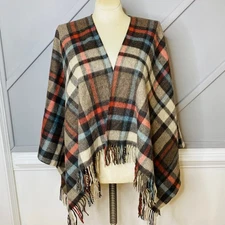 Bronte By Moon Wool Fringed Cape Wrap Shawl Poncho Check Plaid Tartan Beige Red