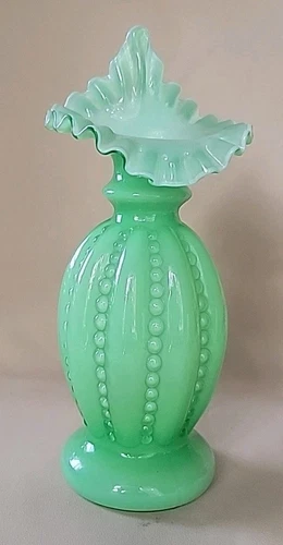RARE Fenton Art Glass Green Cased Beaded Melon Jack In The Pulpit Vase 9,5" Mint